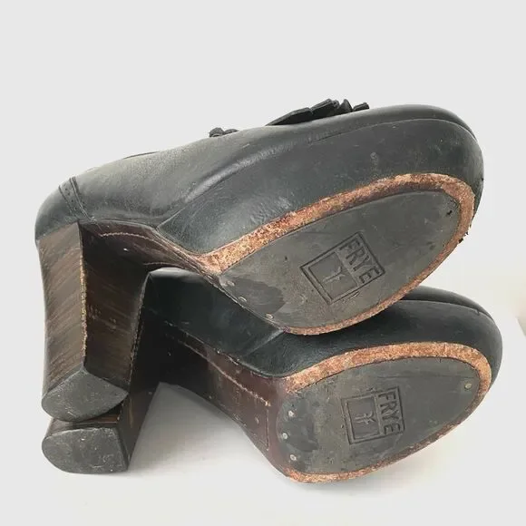 Frye Black Leather High Chunky Heeled Loafers Embossed Logo
sz 8 Academia Preppy - Picture 6 of 12